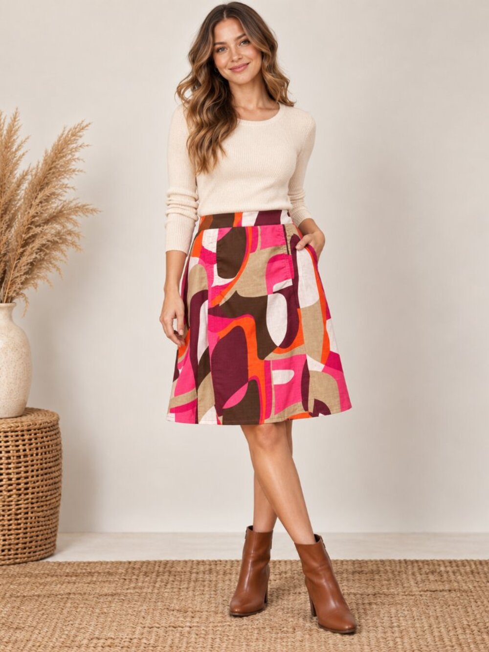 George Abstract Print A-Line Skirt Size 8 Pink Orange Brown Retro Cotton